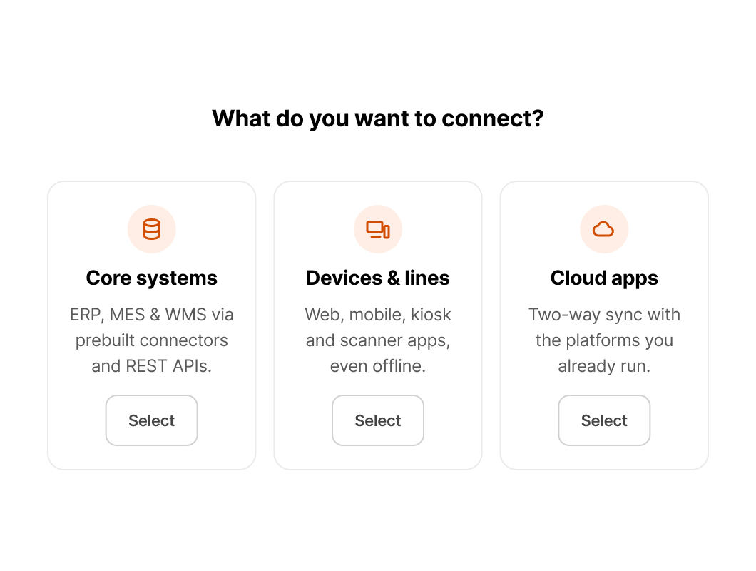 Panel asking what to connect, with core systems, devices and lines, and cloud apps options