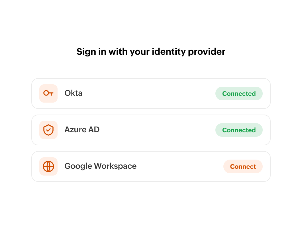 Identity provider sign-in panel with Okta and Azure AD connected and Google Workspace available to connect