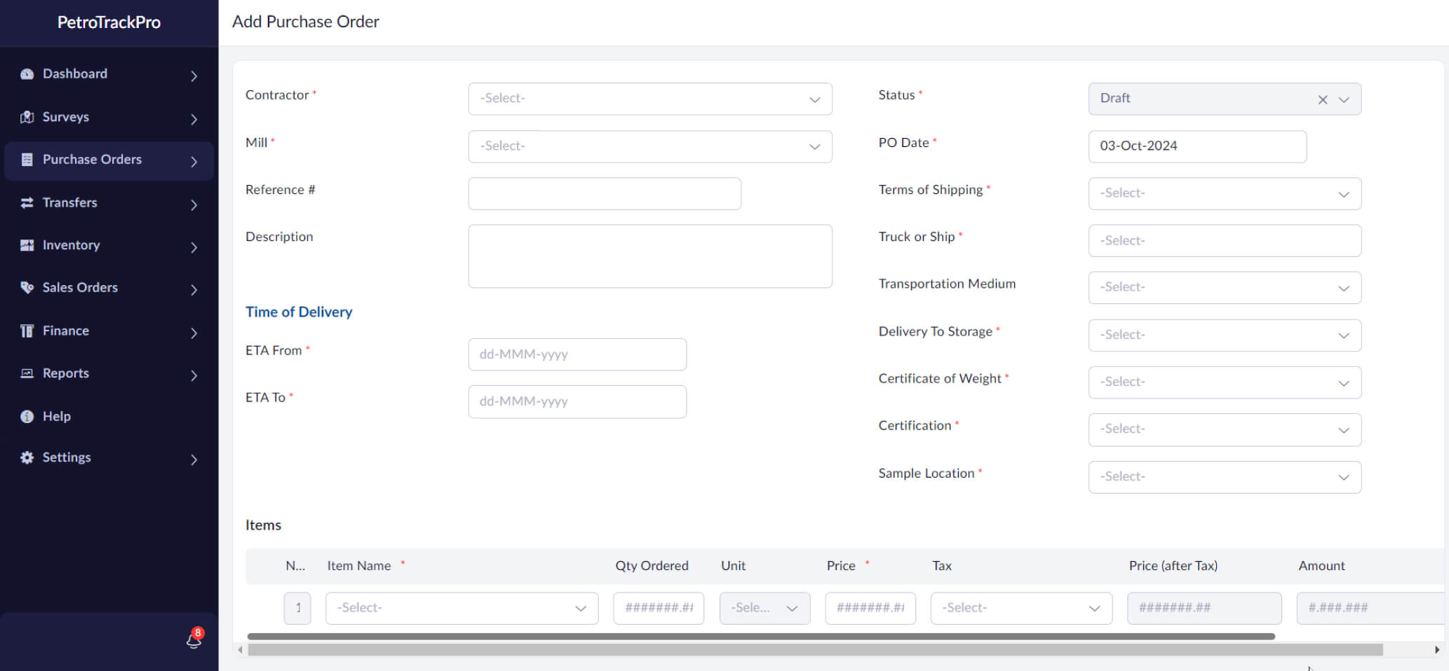petrotrack purchase order
