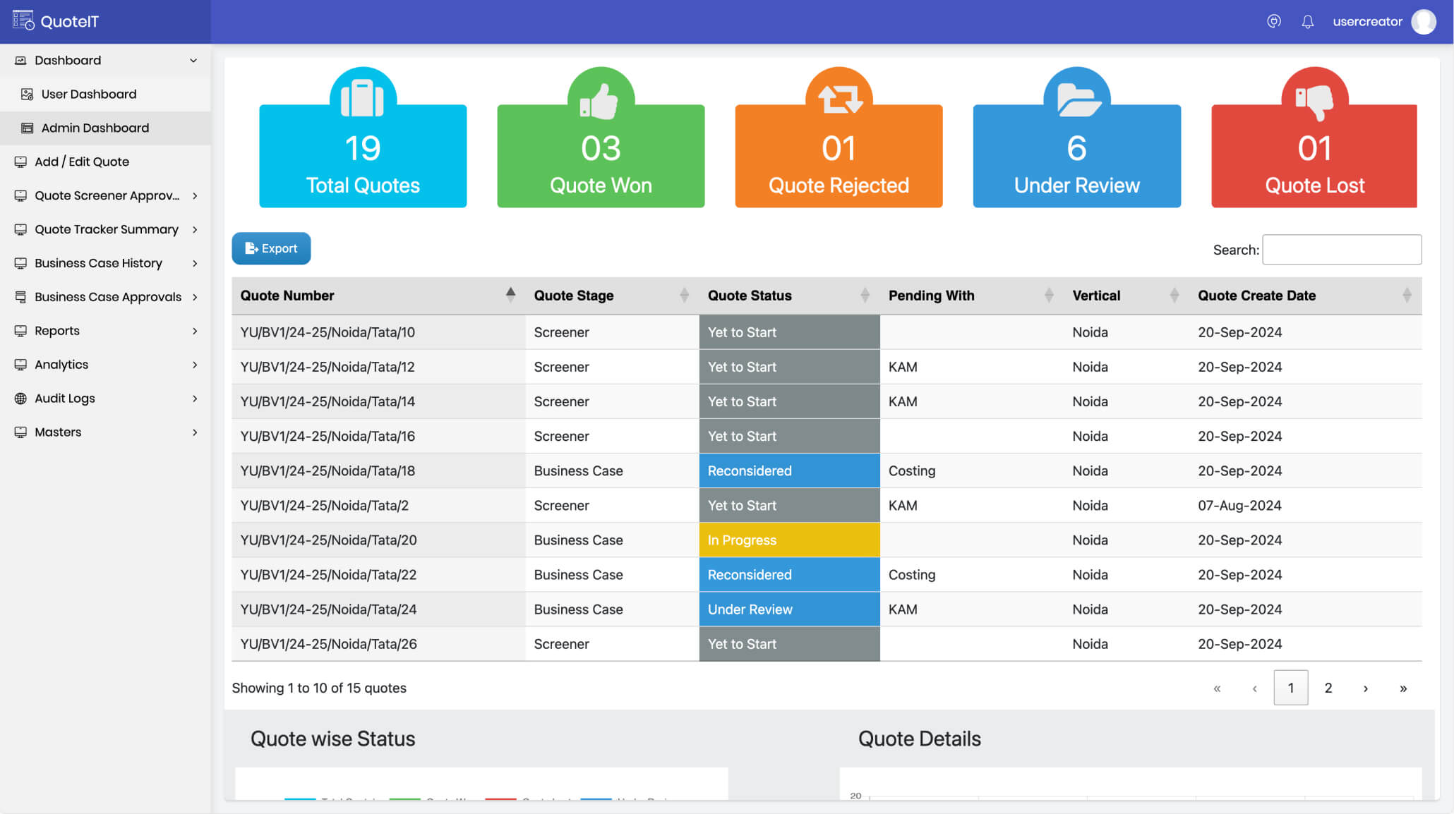 quote admin dashboard