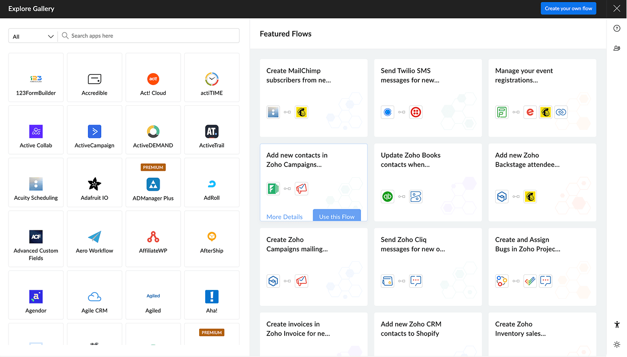Flow gallery showing connectors to popular cloud apps