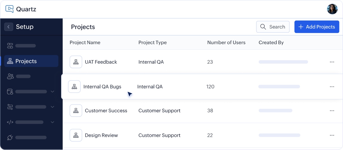 Quartz projects dashboard listing feedback projects