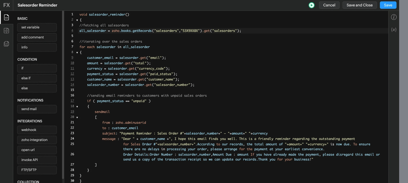 Deluge scripting editor with low-code snippets