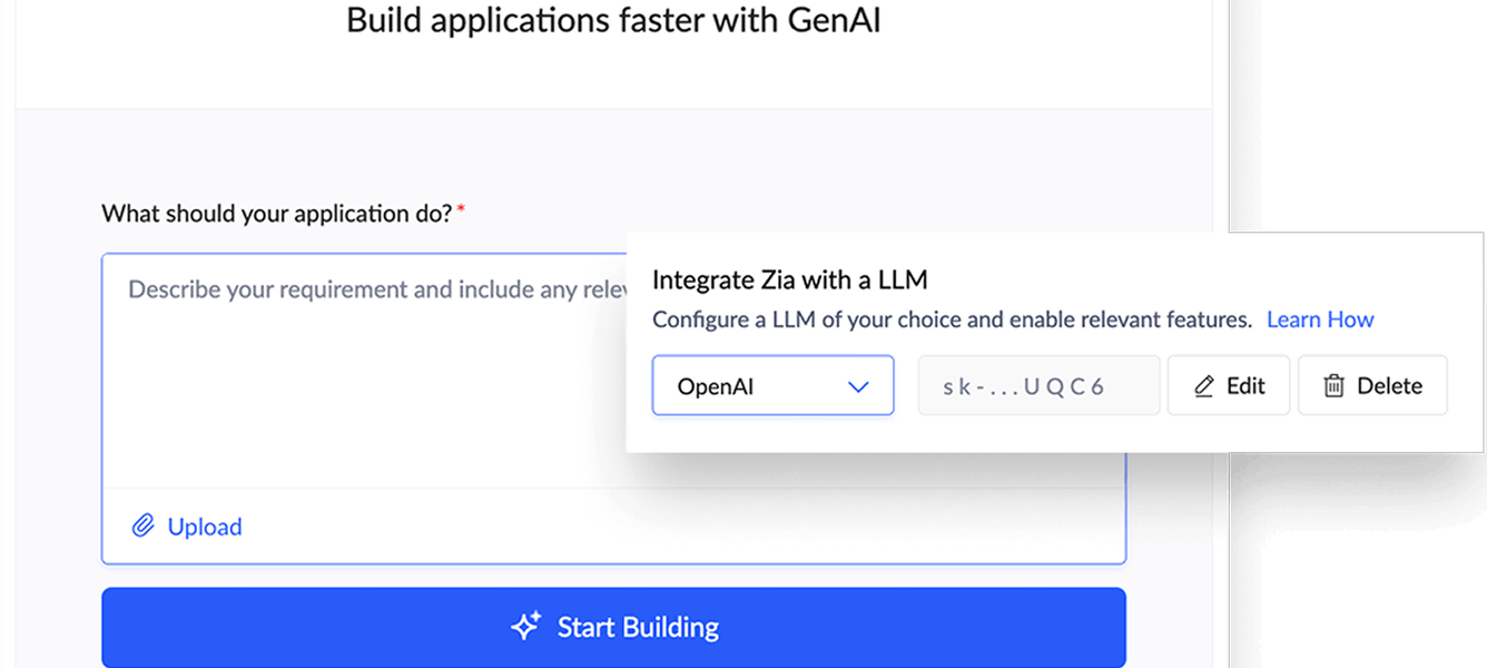 Zia AI app builder interface screenshot