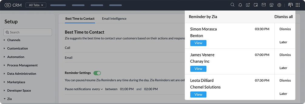 ai task reminders in zoho crm reminders notification by Zia