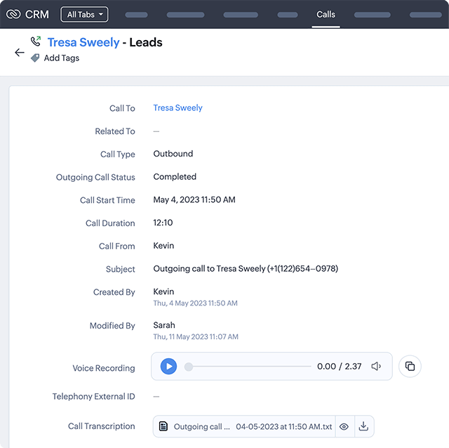 ai for calls in zoho crm call transcriptions