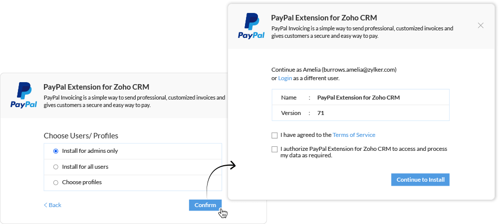 Choose user profiles for PayPal Extension for Zoho CRM