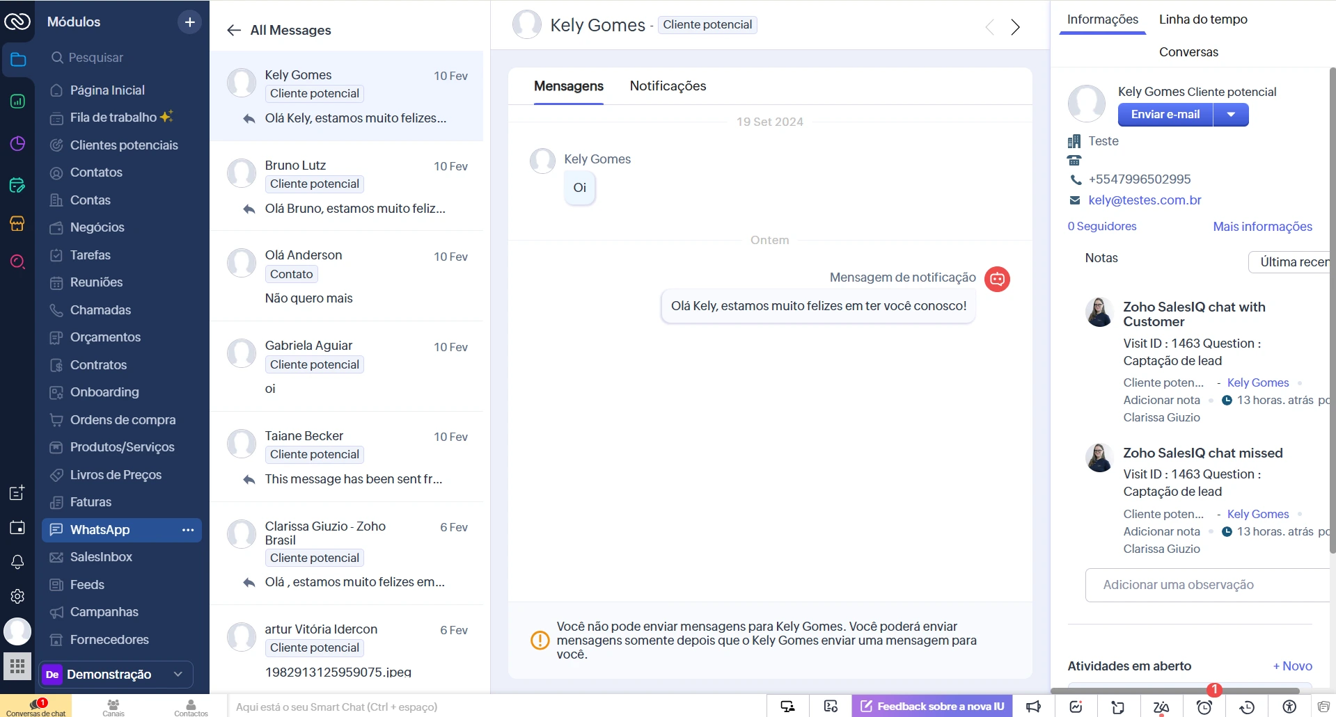 Captura de tela do módulo de Whatsapp dentro da ferramenta Zoho CRM