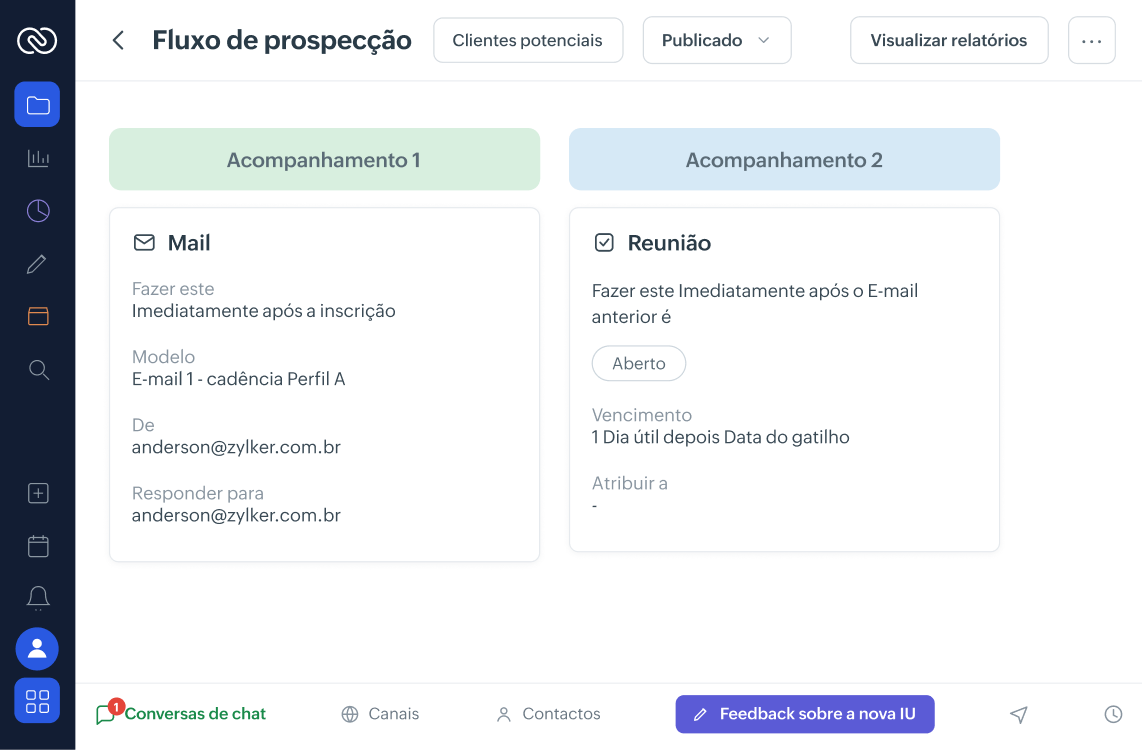 Tela do Zoho CRM mostrando o fluxo de prospecção com sugestão da Zia para otimizar a cadência de contato