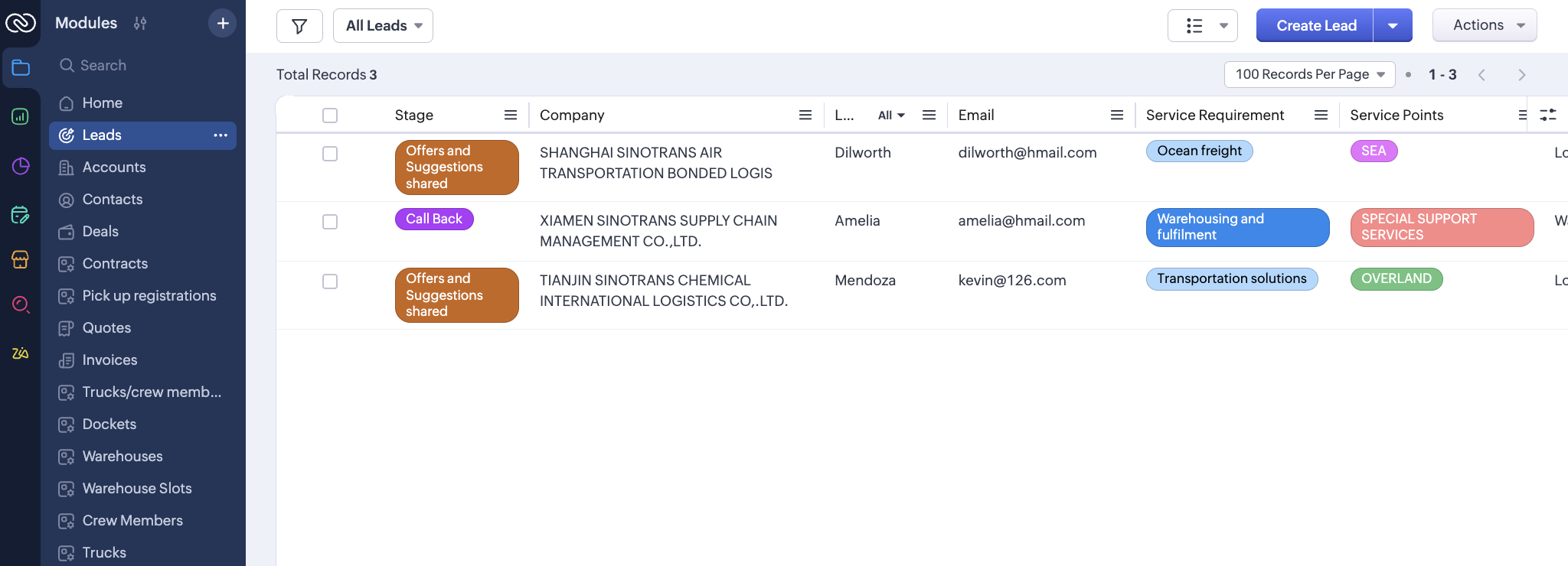 Tampilan software CRM untuk perusahaan logistik dan transportasi