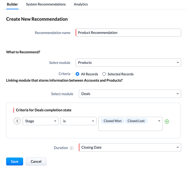 ai recommendations in zoho crm creating a new custom recommendation