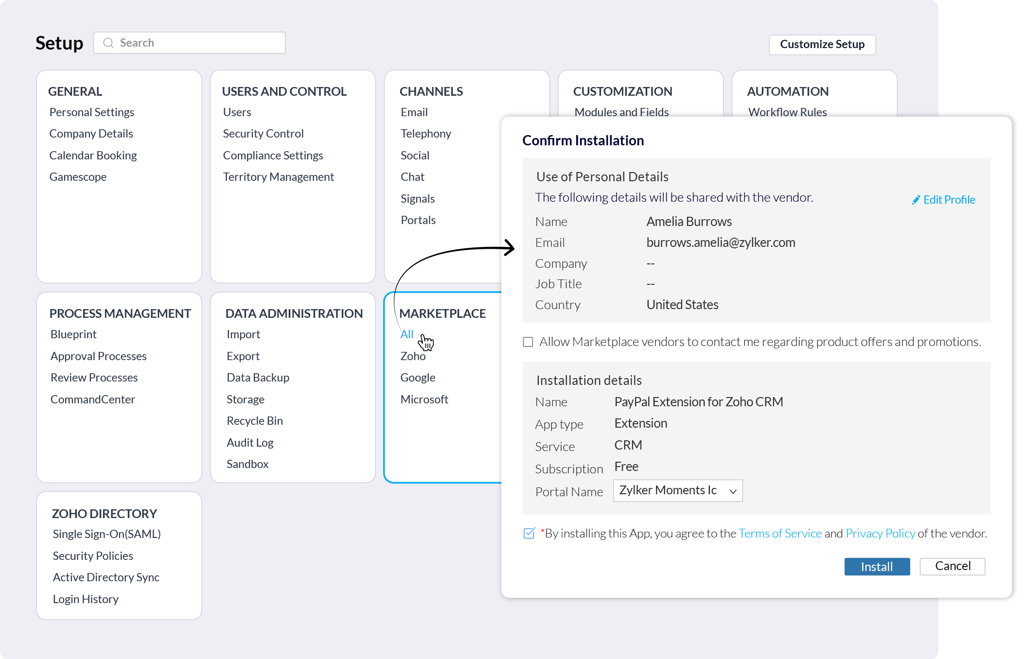 Setup and install PayPal Extension for Zoho CRM