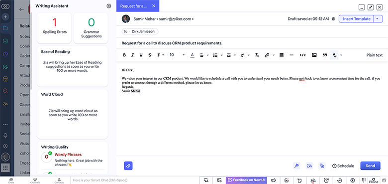 ai for emails in zoho crm writing assistant to refine emails
