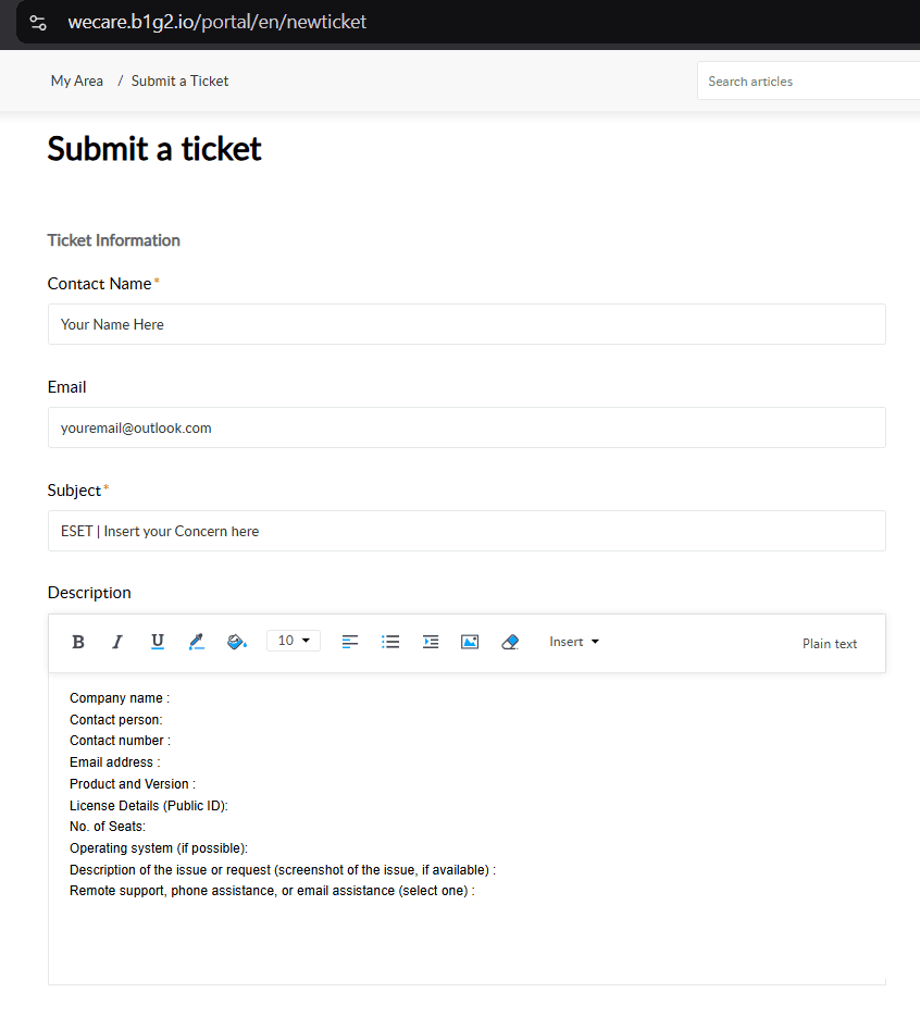 B1G2's ticket submission form