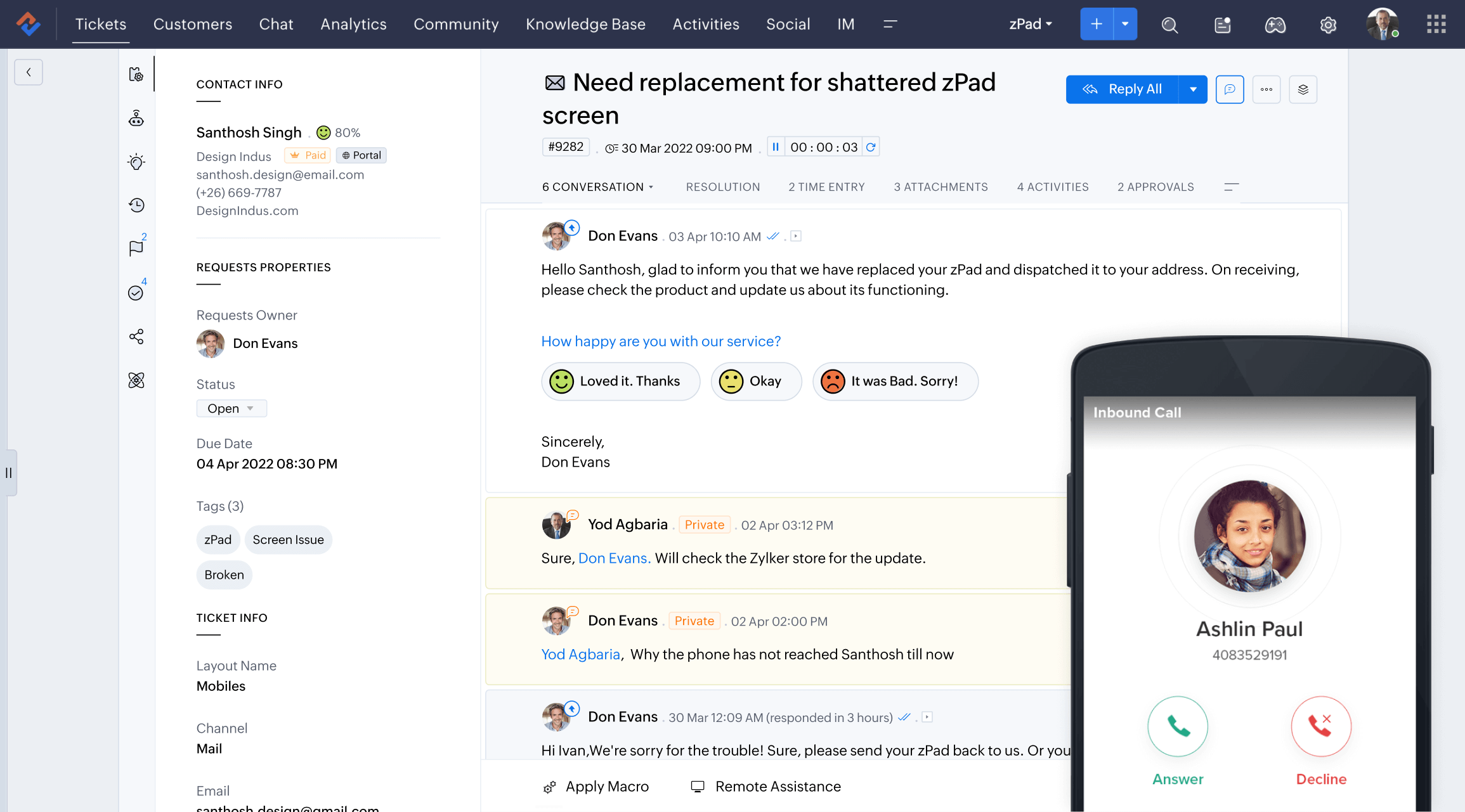 Traditional phone support using Zoho Desk's Call center help desk