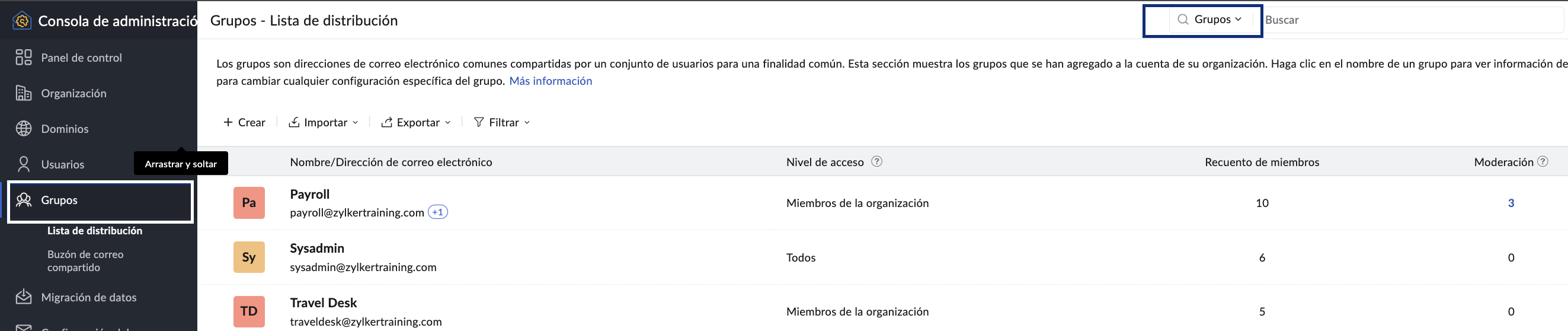 sección grupos