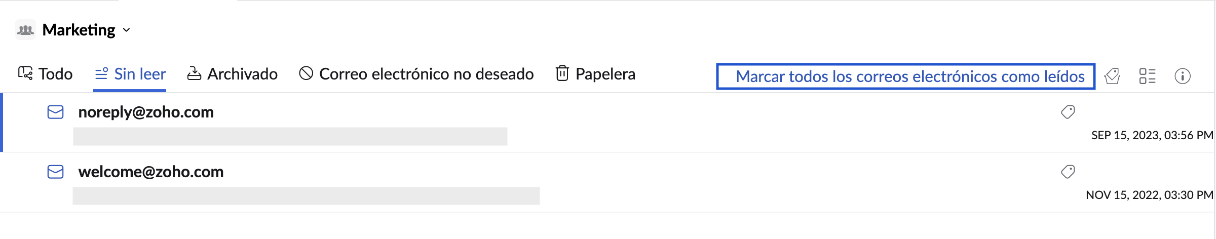 Marcar todos los correos electrónicos como leídos Marcar todos los correos electrónicos como leídos