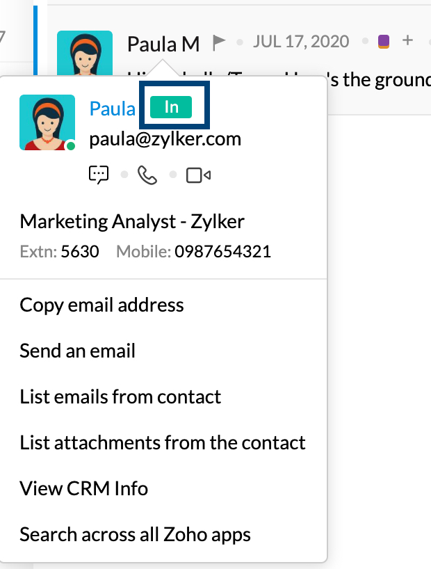 Comprobar el estado de asistencia de un colega desde el contacto de correo electrónico en Zoho Mail