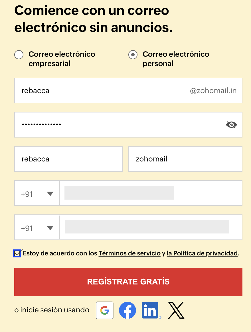 Registrarse para obtener un correo electrónico