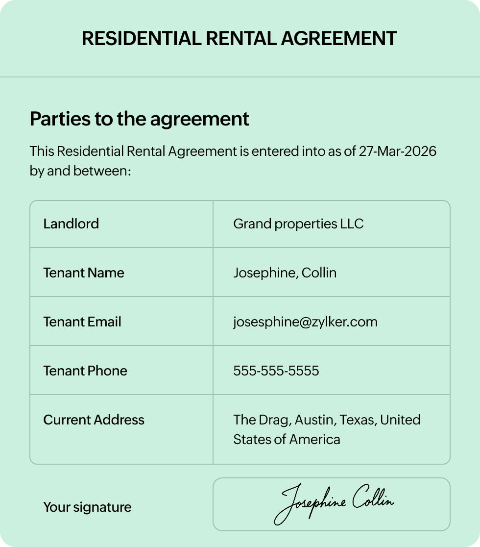 Residential rental agreement with Zoho Sign field