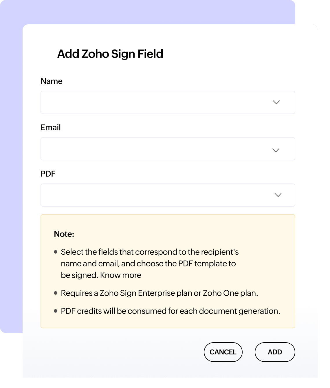 Add Zoho Sign field dialog