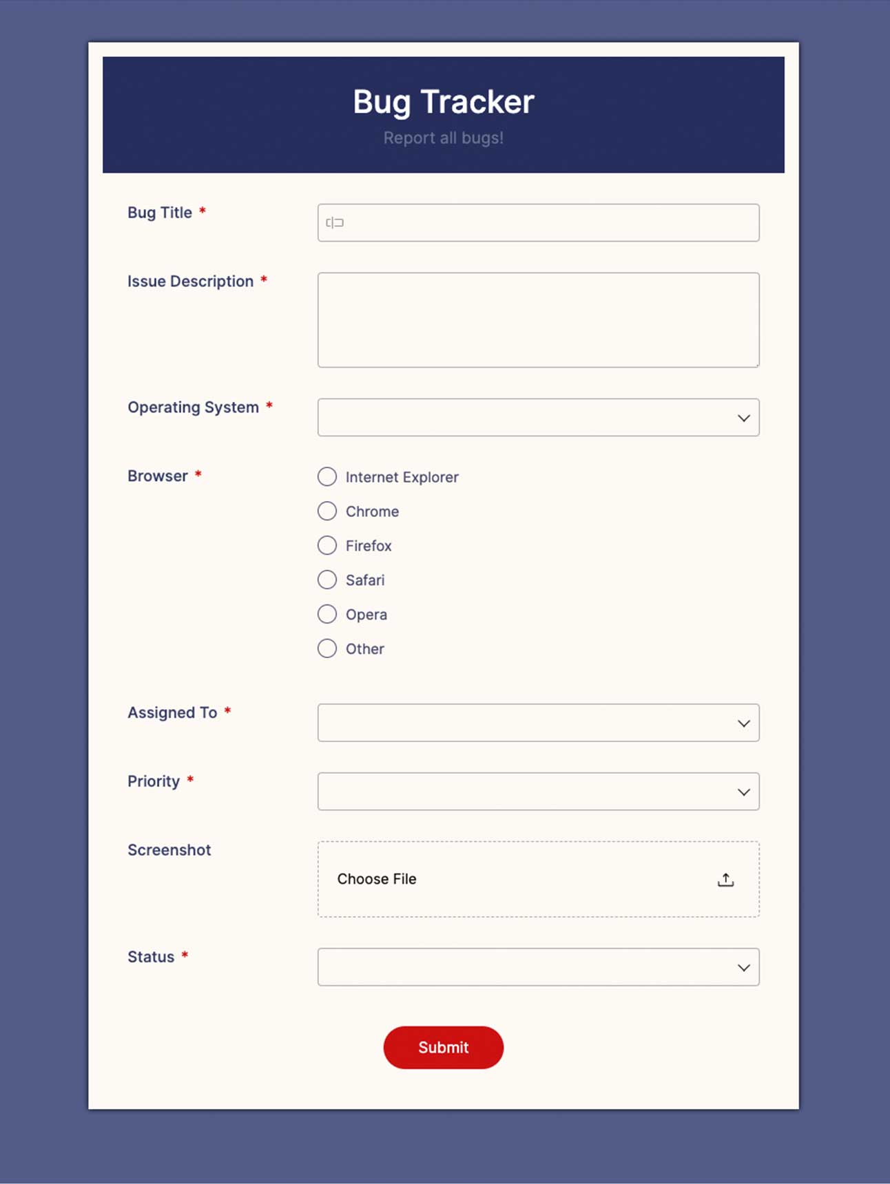 Bug tracker form