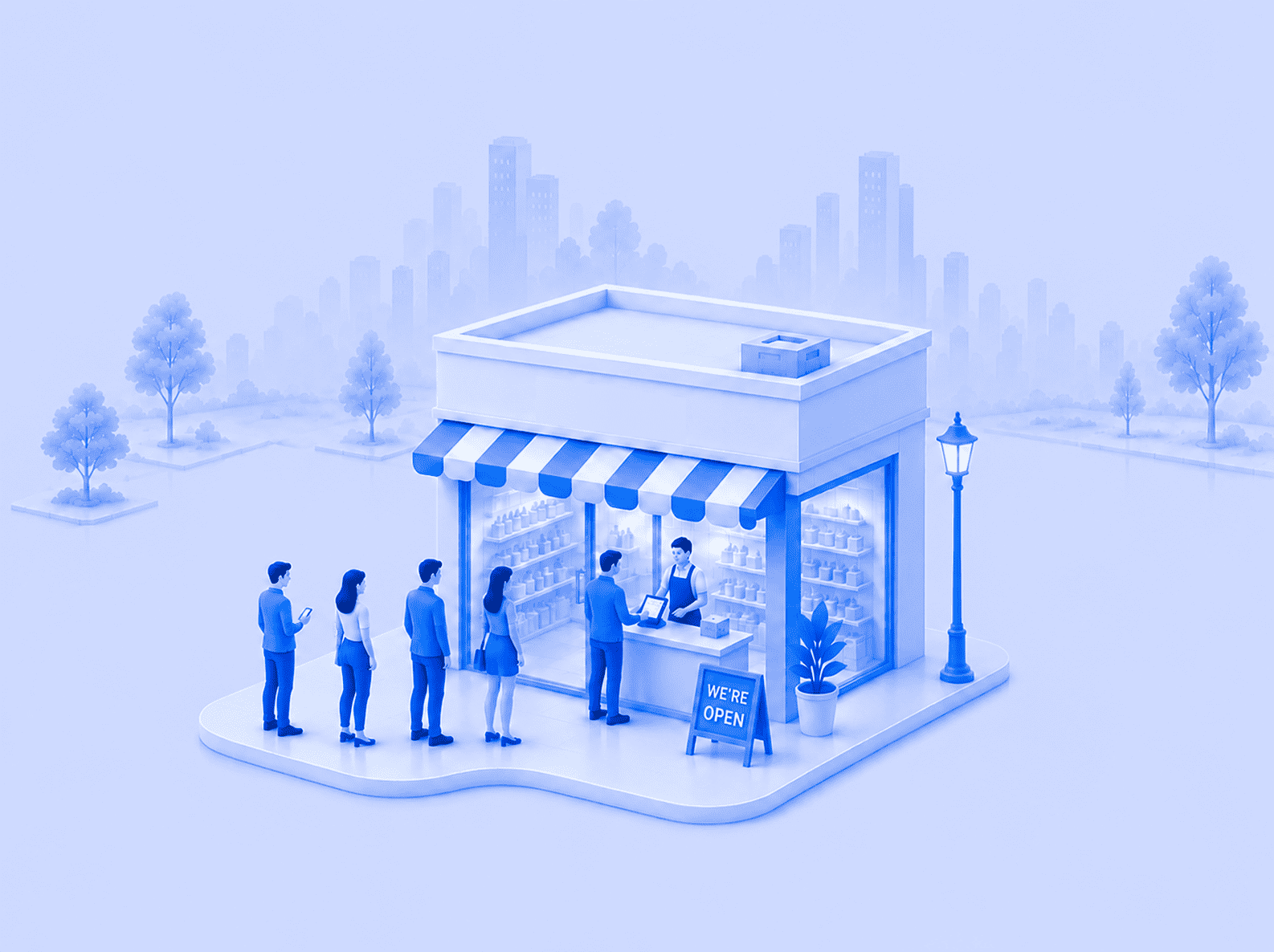 Franchisee storefront illustration with operations team