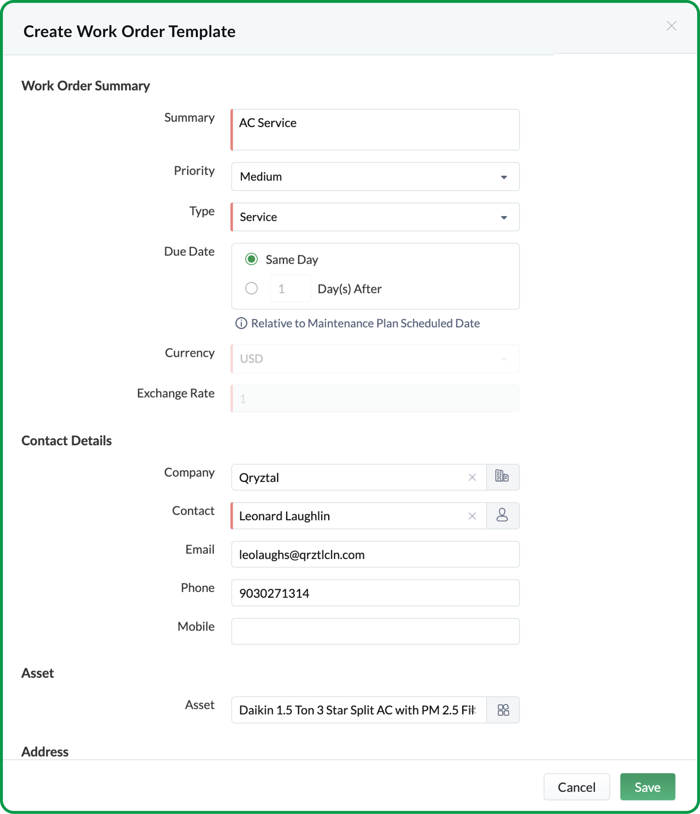 Create a work order template