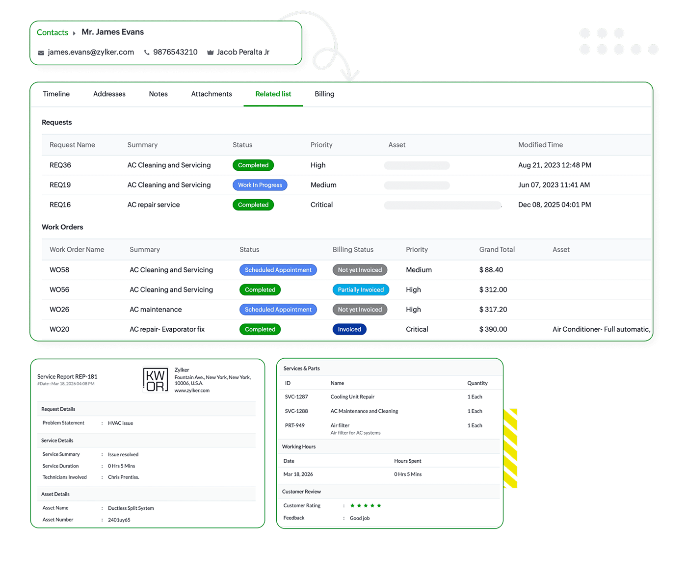 Customer-facing screen showing service updates, digital reports and feedback capture