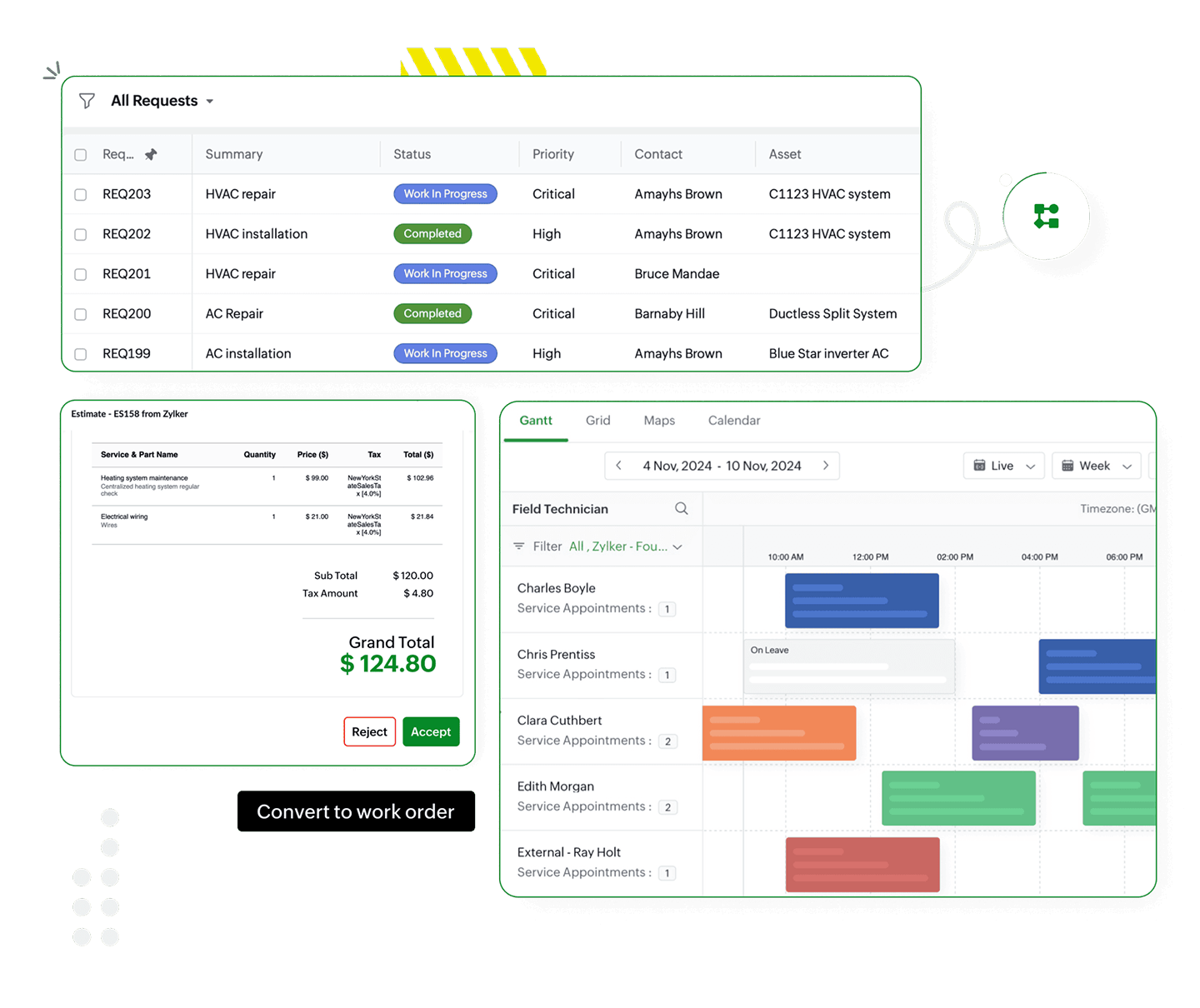 Workflow dashboard showing a list of jobs alongside estimates ready to convert to work orders