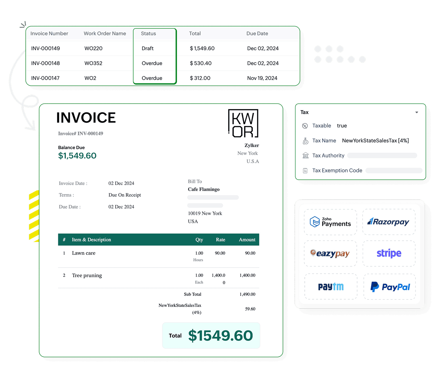 Invoice screen showing one-click invoice generation and payment status