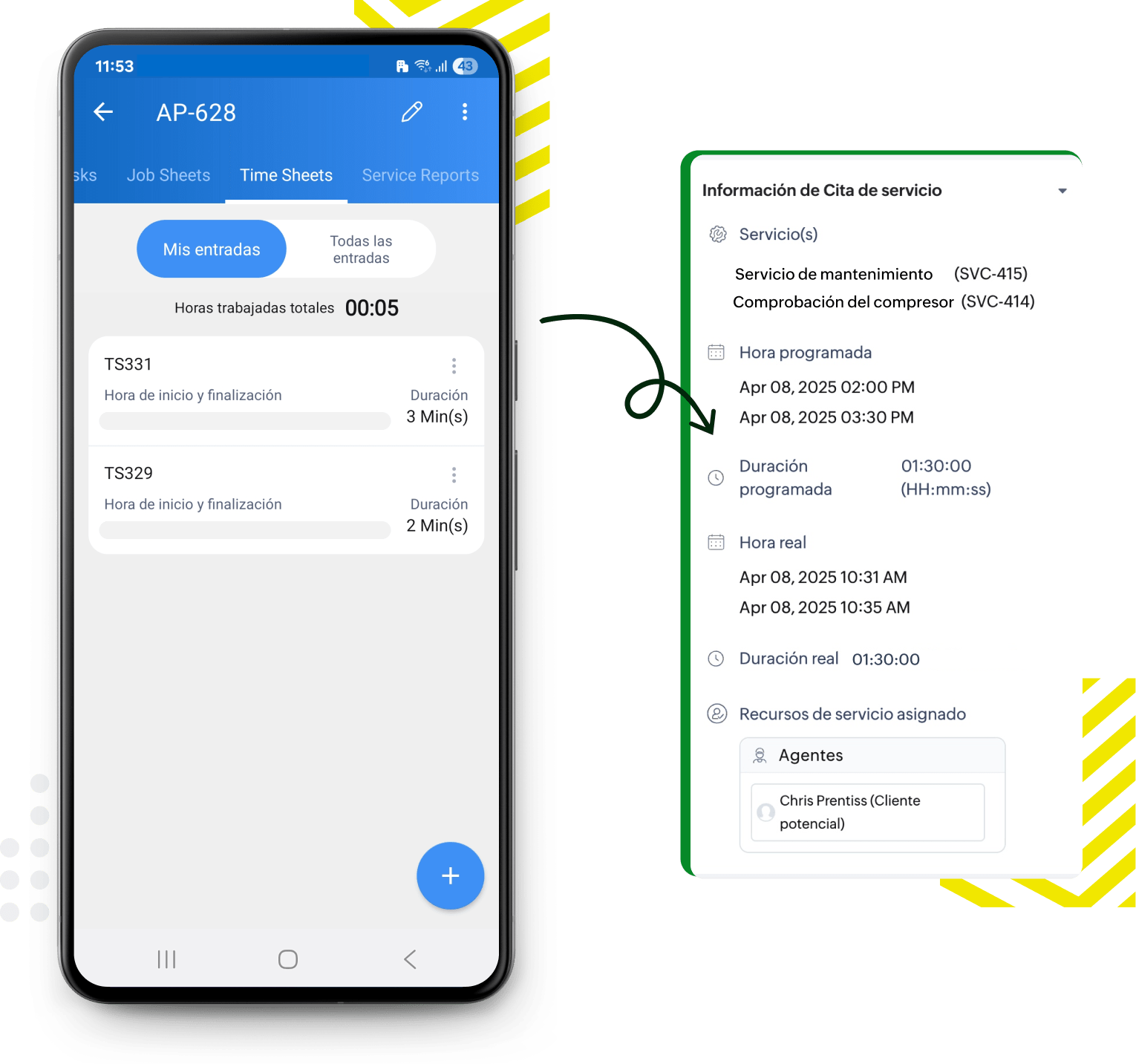 Simplifica el seguimiento del tiempo con las planillas de horas trabajadas fáciles de usar de Zoho FSM