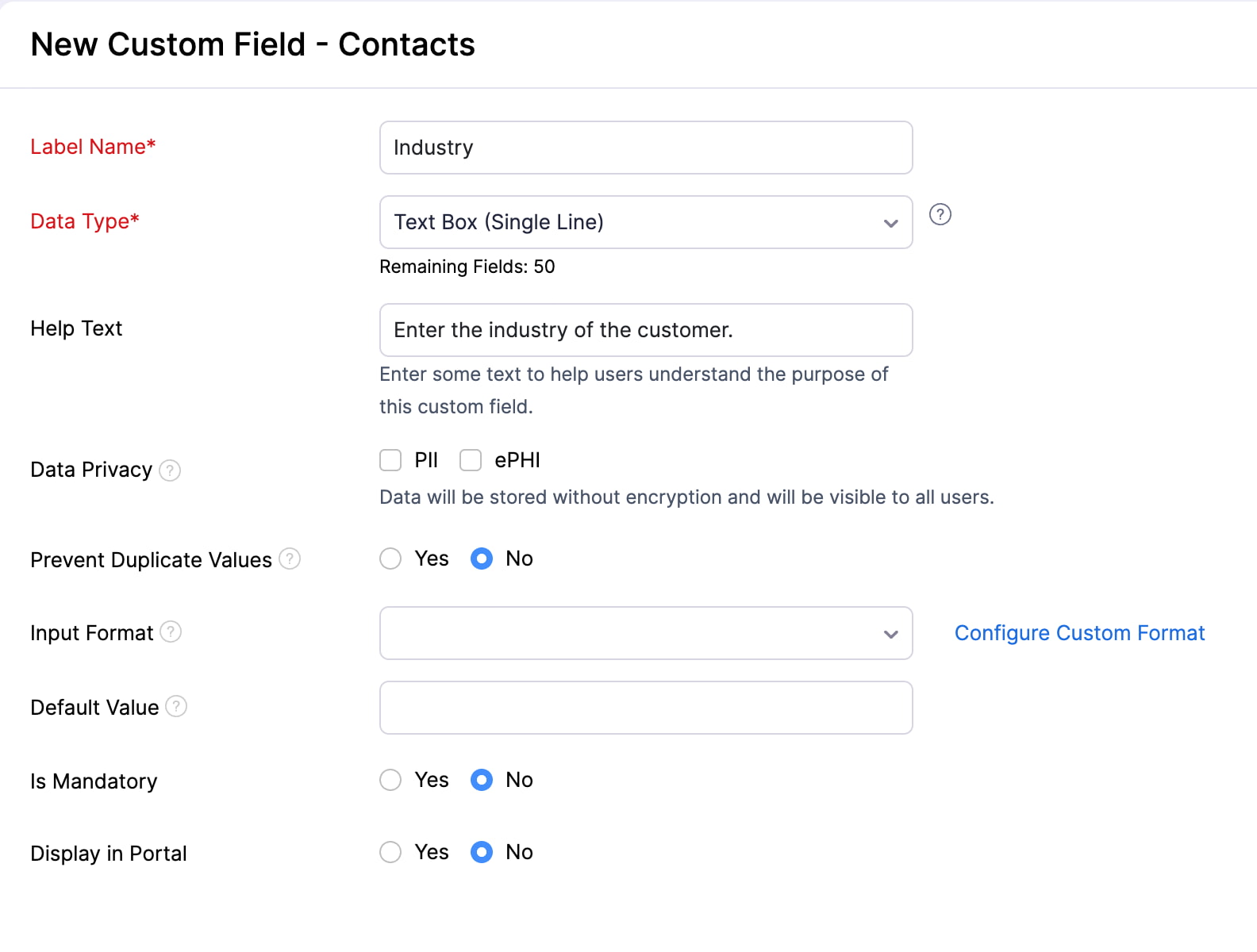 The New Field page of a custom module. Enter the required details to create the field.
