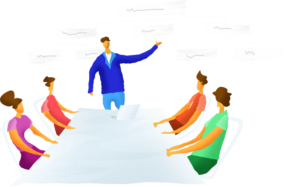 販売管理:営業会議に参加する人物のイラスト