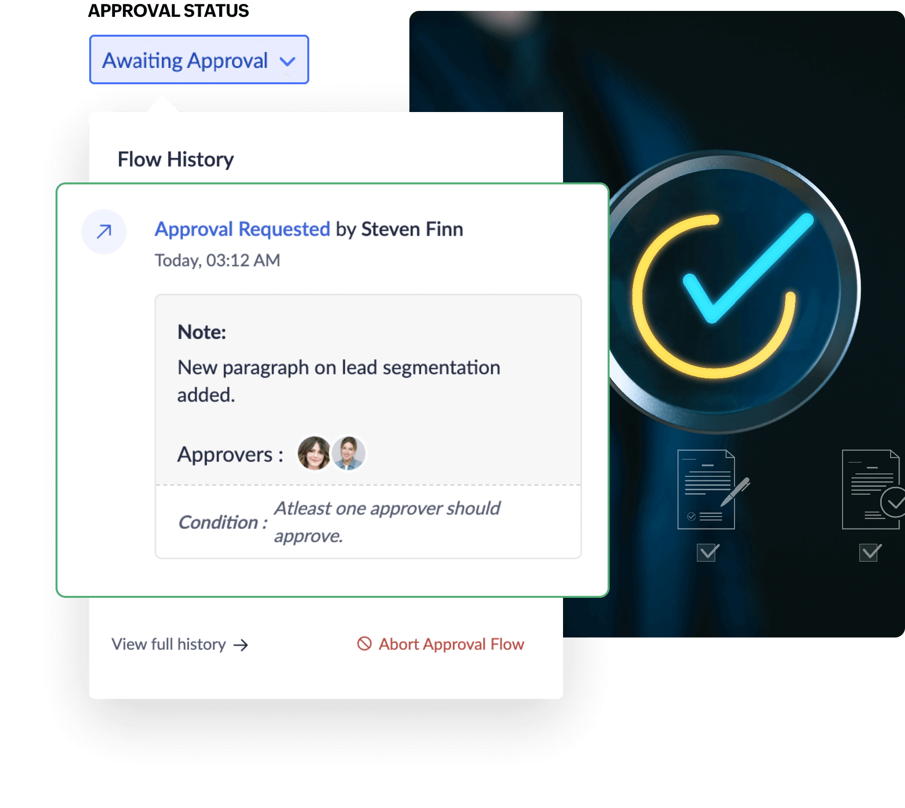 The approval flow with the current status of the article and the flow history.