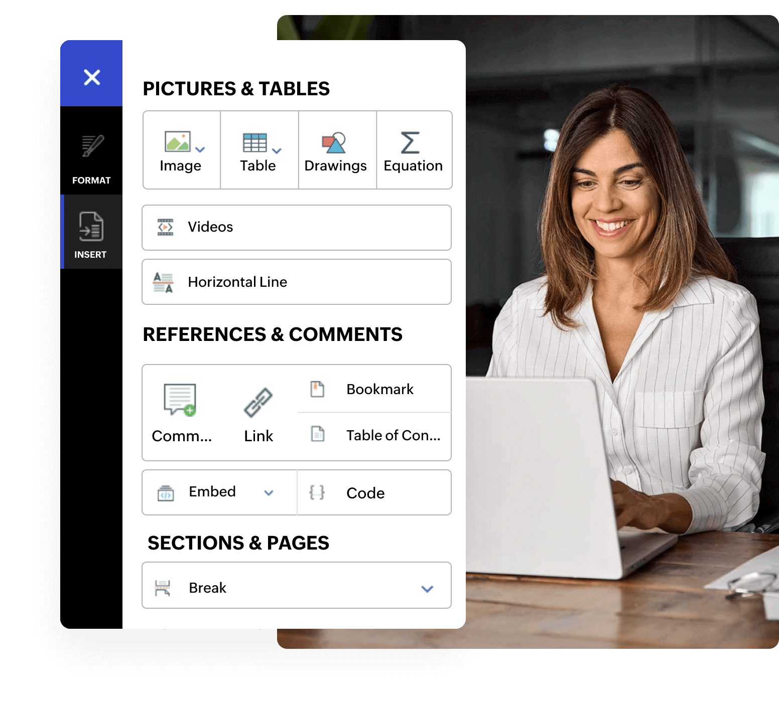 Document editor interface with a woman using a laptop
