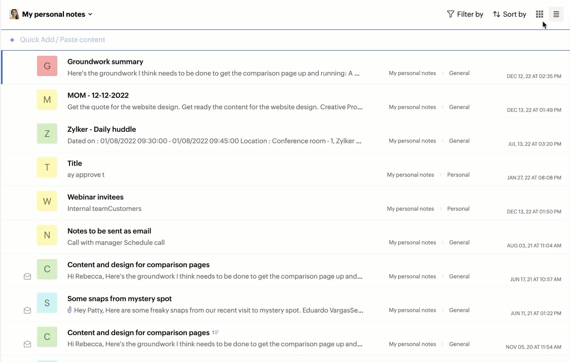 Notes view Notes view