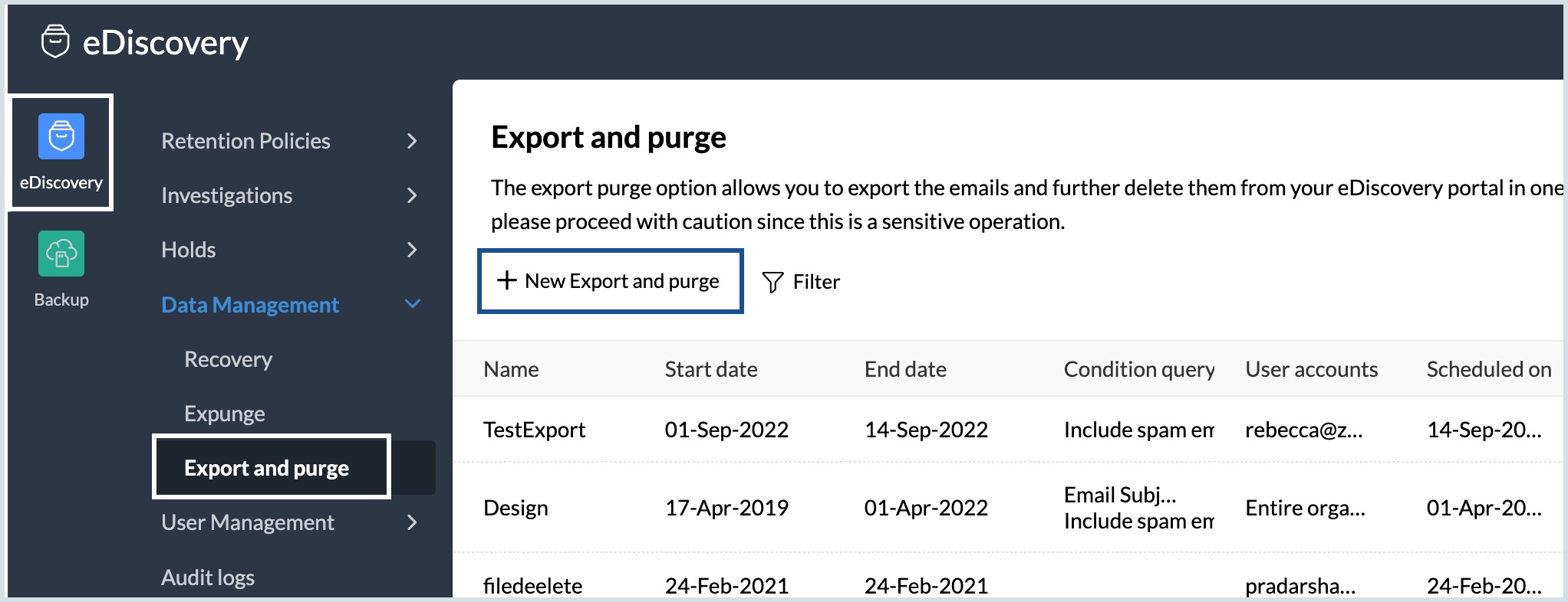 export and purge emails