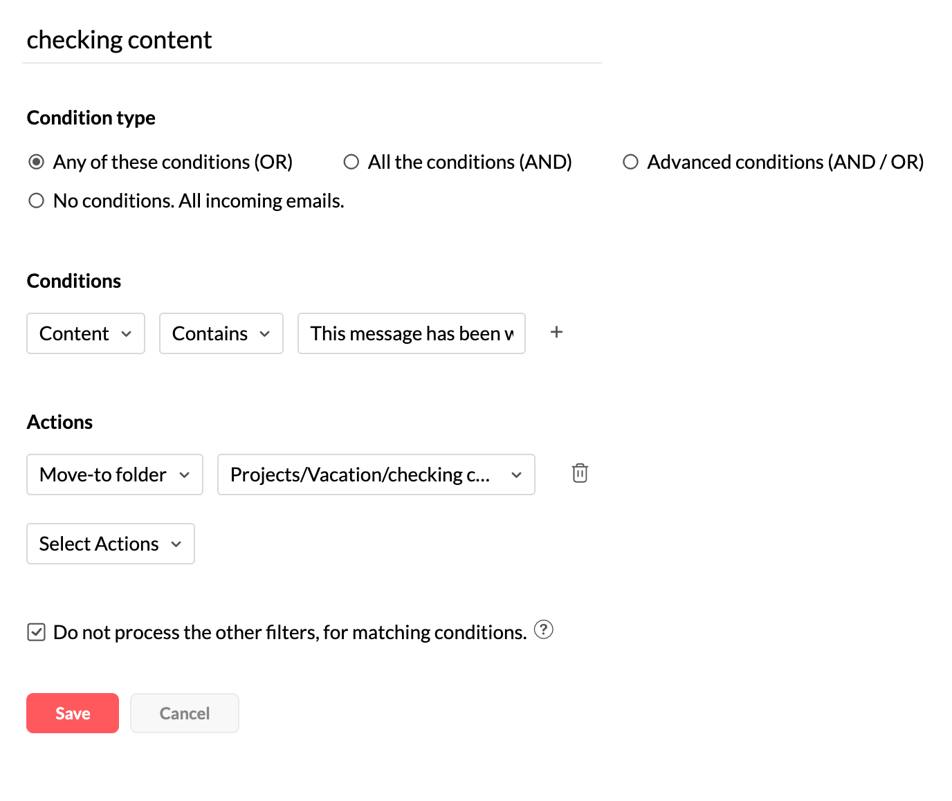 Setting email filter conditions