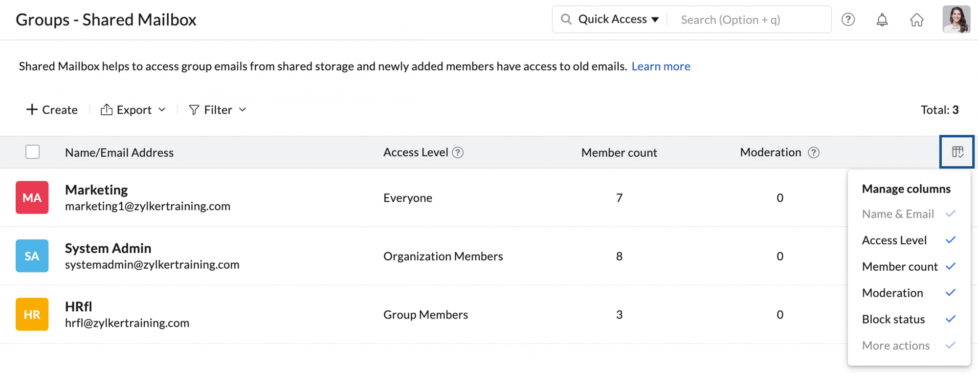 manage columns in shared mailbox