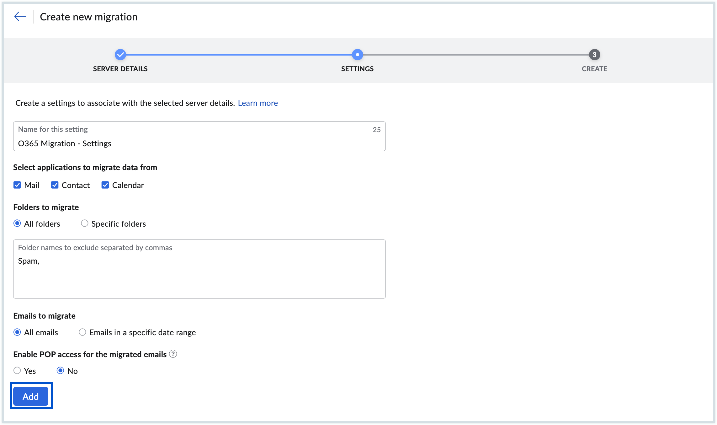 Migration settings