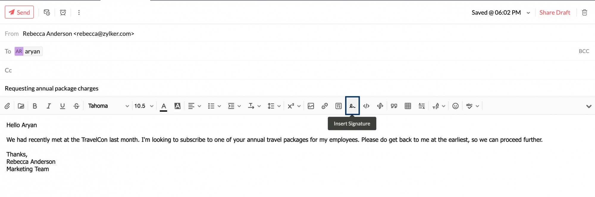 Inserting signature while composing email
