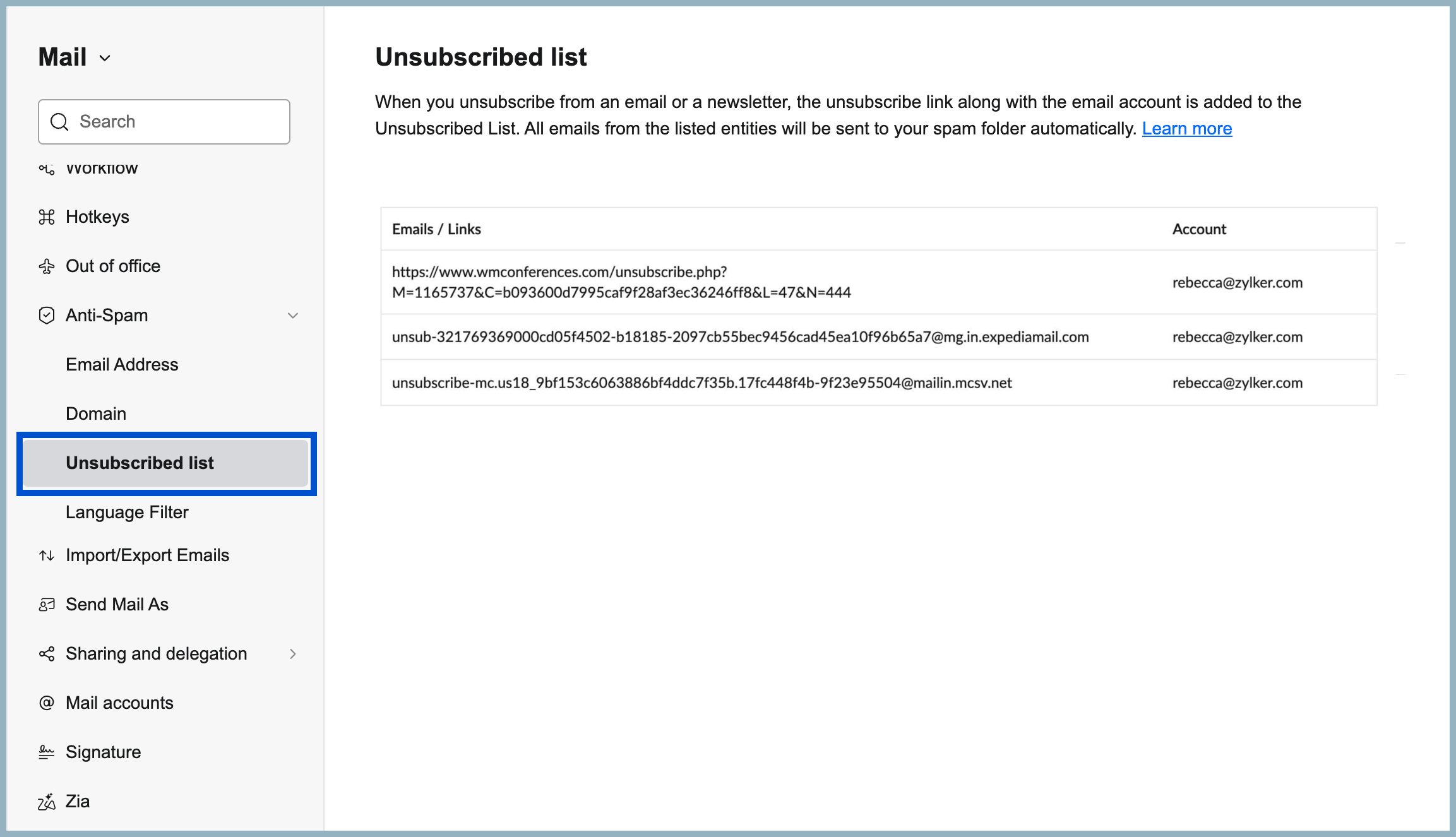 Unsubscribed list Unsubscribed list