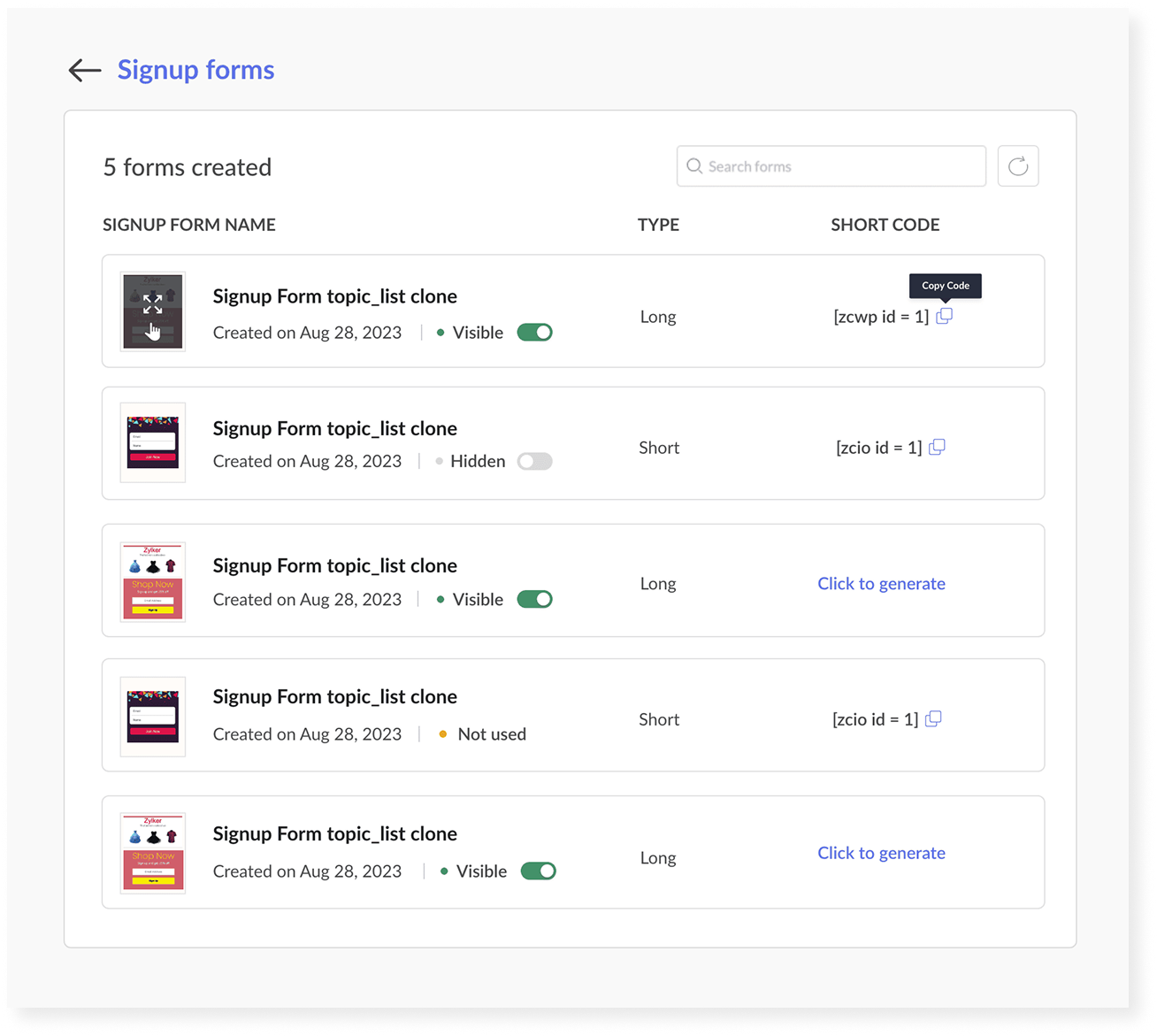 Signup form details showing easy embedding and a toggle to control visibility