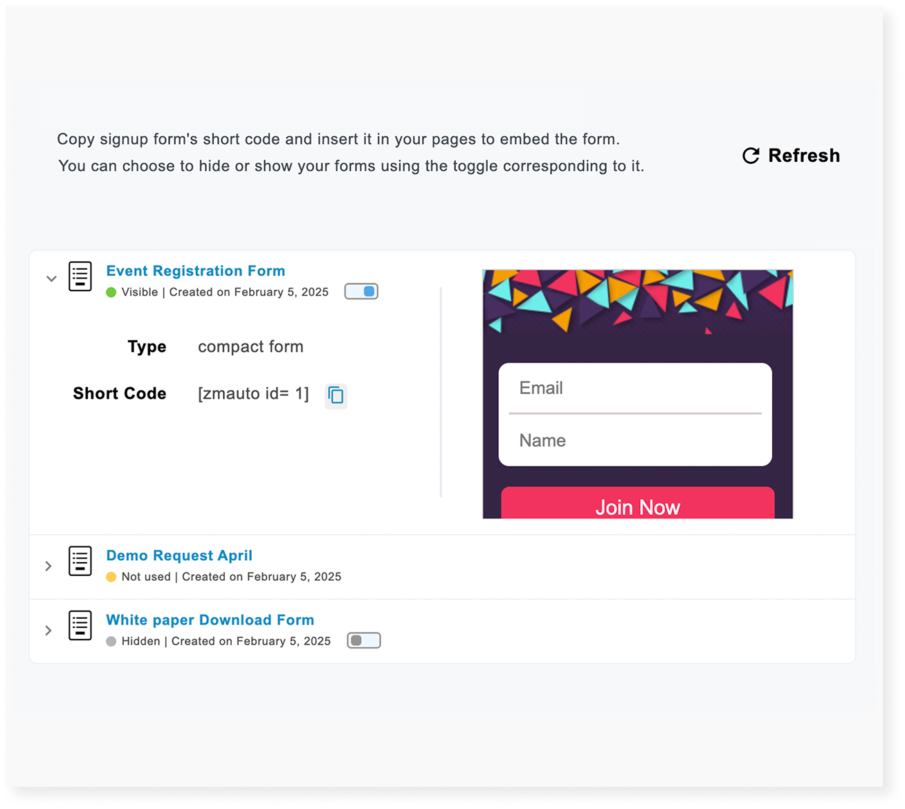Signup form embed details: shortcode for easy insertion and a preview of the form