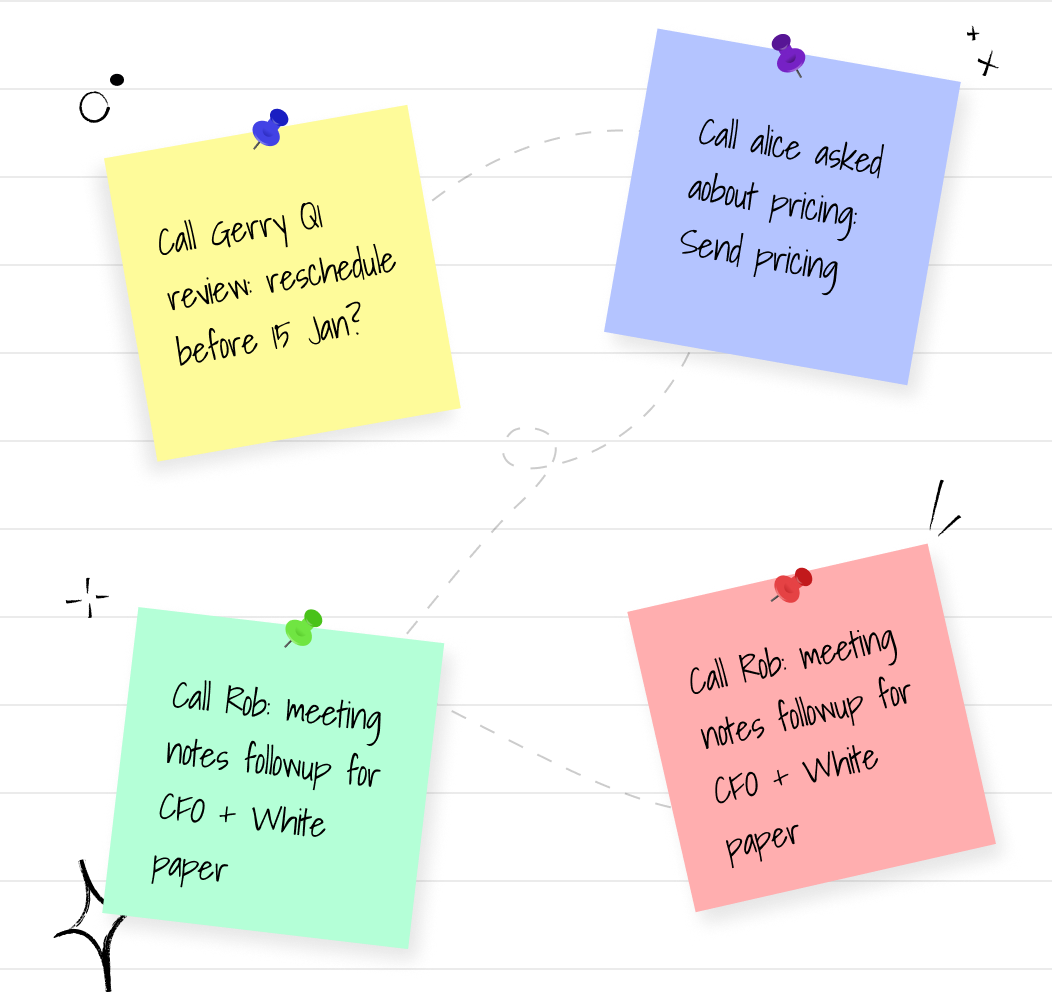 Without Zoho One: a sales rep buried in manual call notes and forgotten follow-ups across disconnected tools