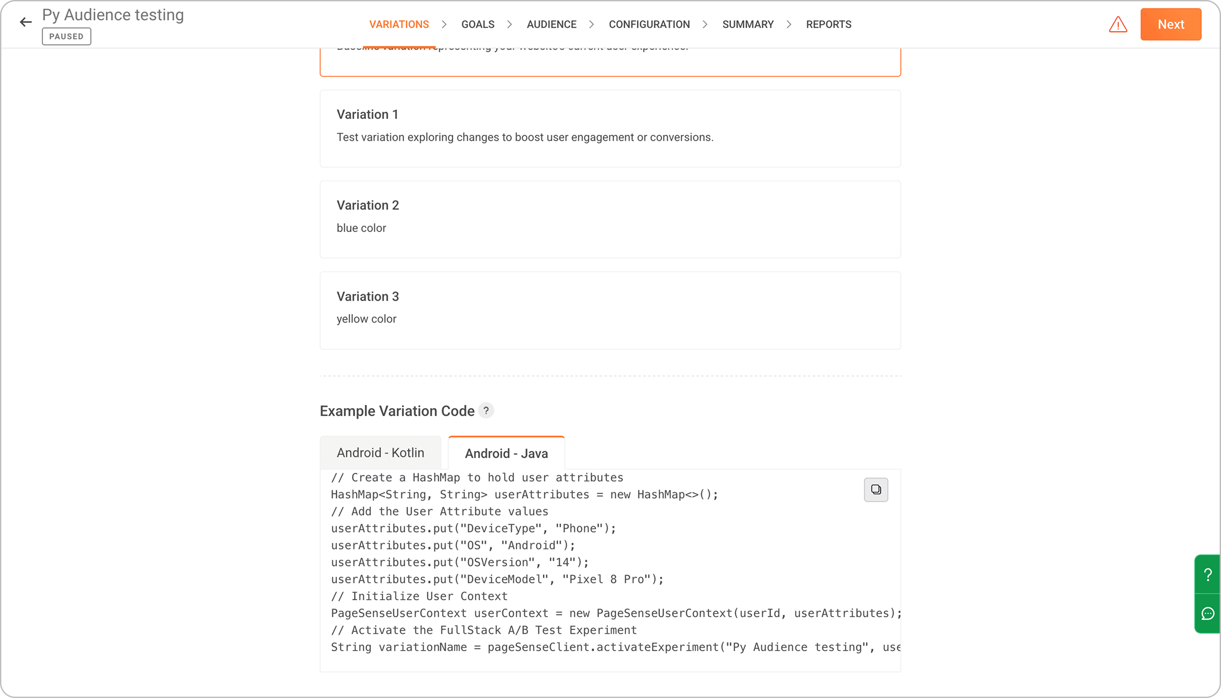 Server-side full-stack A/B experiment with example variation code
