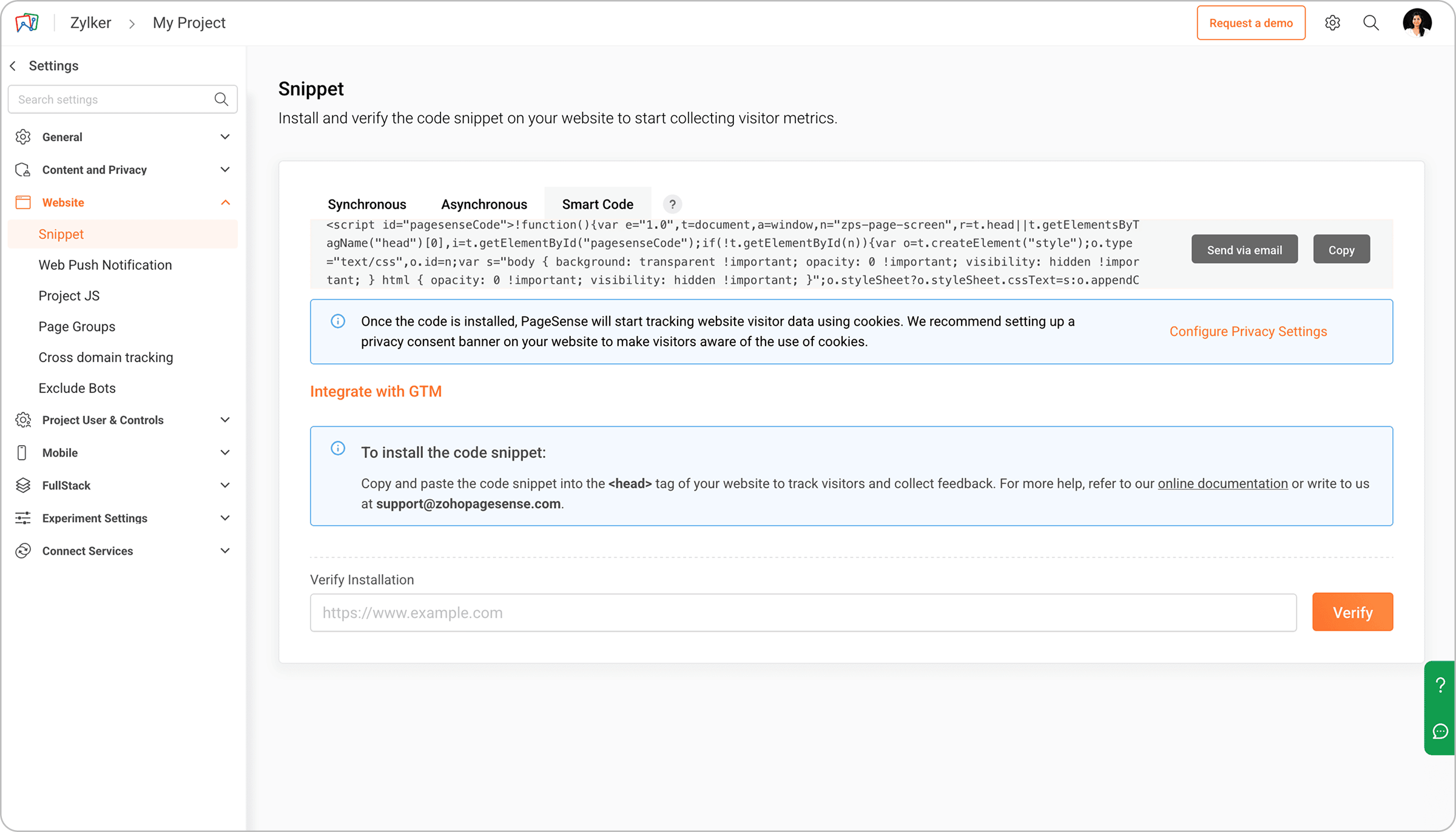 Installing and verifying the PageSense Smart Code tracking snippet