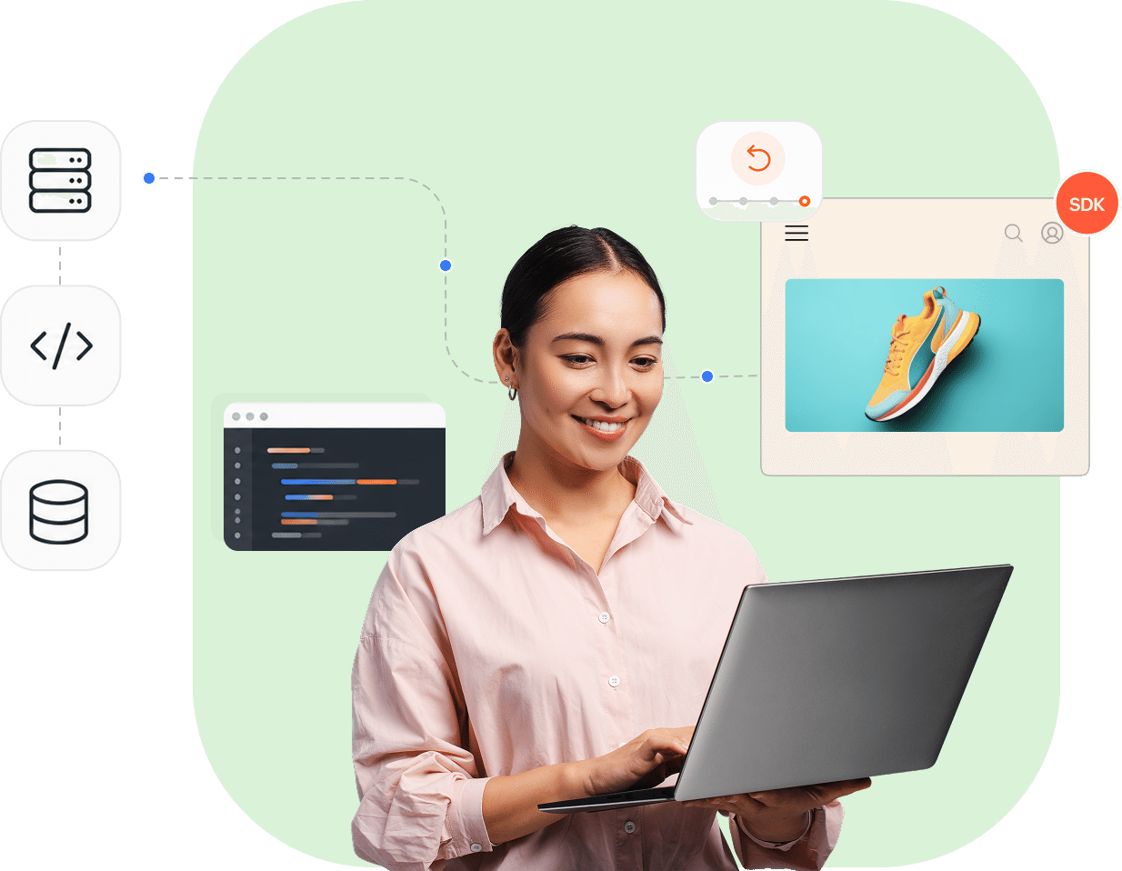 Engineer wiring PageSense into a product page through its SDK, code, and database services