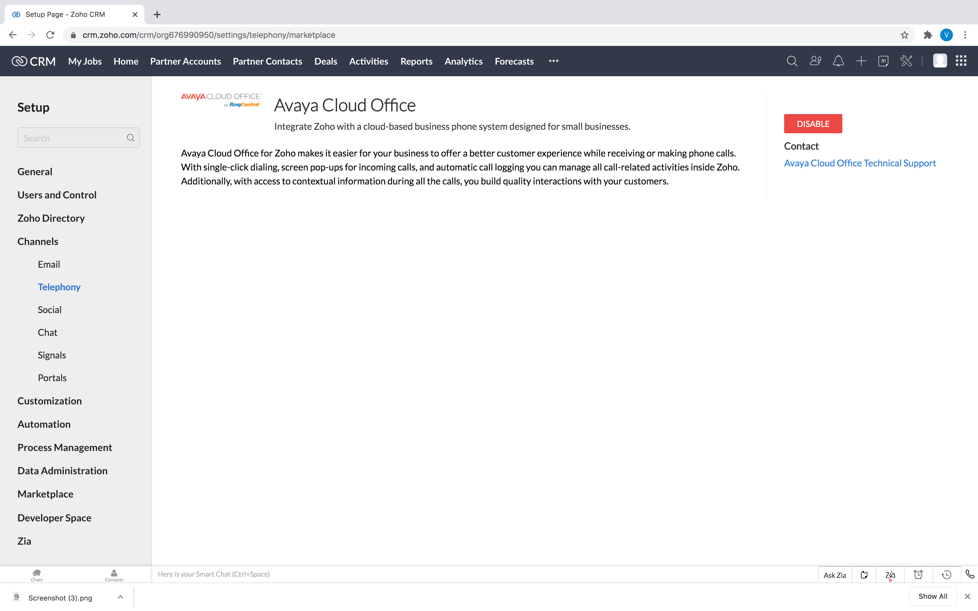 Disable Avaya Cloud Office Integration